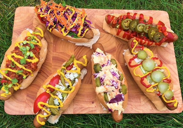 A platter of hotdogs