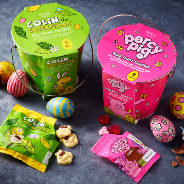 m&s colin the caterpillar and percy pig egg hunt buckets