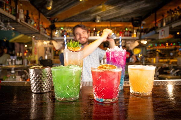 Display of various coloured cocktails 